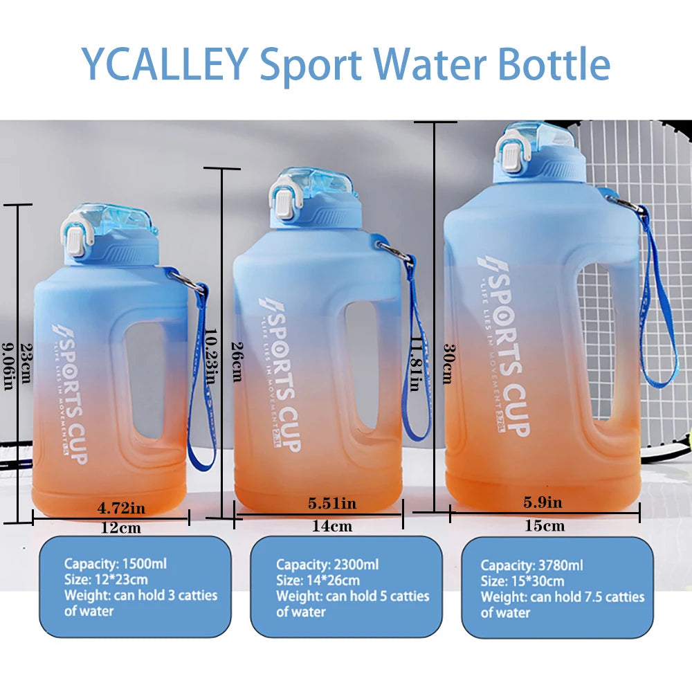 YCALLEY Sport 2l Water Bottle Silicone Straw 1500ML/2300ML/3800ML 2 Liter